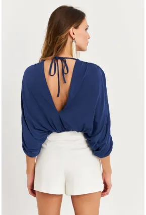 Kadın İndigo Sırt Dekolteli Volanlı V Yaka Body BAR802