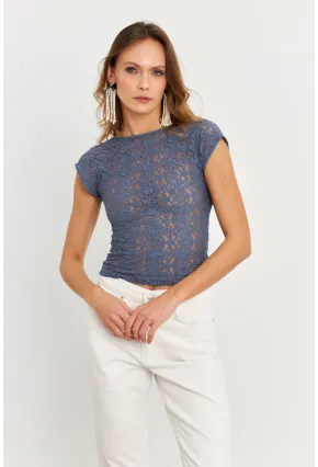 Kadın İndigo Sırtı Açık Dantel Bluz ZH04