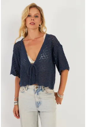 Kadın İndigo Triko Ajurlu Hırka YV255