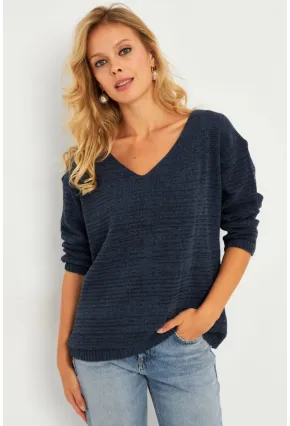 Kadın İndigo V Yaka Triko Bluz YV282