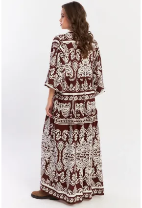 Kadın Kahve-Beyaz Etnik Desenli Maxi Dokuma Elbise ALO325