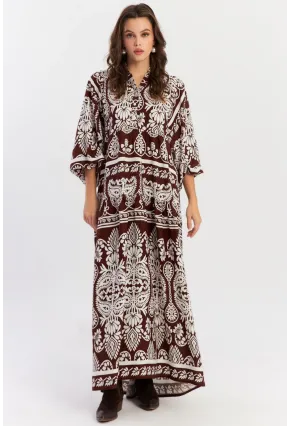Kadın Kahve-Beyaz Etnik Desenli Maxi Dokuma Elbise ALO325