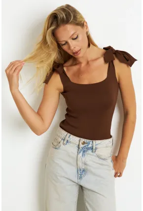 Kadın Kahve-Beyaz İkili Triko Bluz YV271