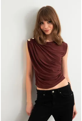 Kadın Kahve Düğme Detaylı Büzgülü Bluz LPP1205-1
