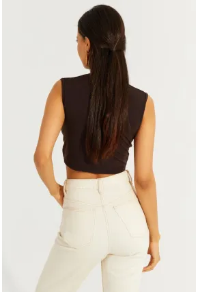 Kadın Kahve Önü Düğümlü Crop Bluz SDY2018