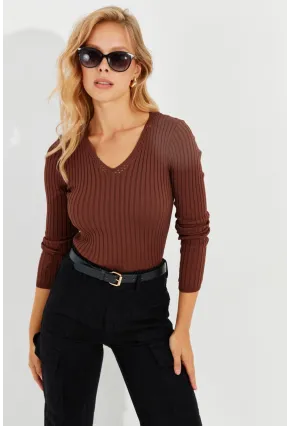 Kadın Kahve V Yaka Fitilli Triko Bluz SMT216