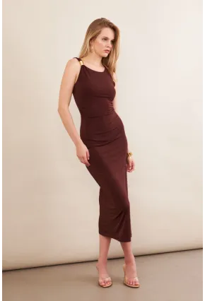 Kadın Kahverengi Aksesuarlı Büzgülü Midi Elbise İRE102