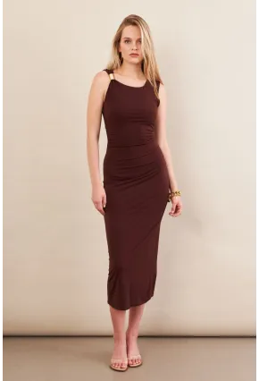 Kadın Kahverengi Aksesuarlı Büzgülü Midi Elbise İRE102