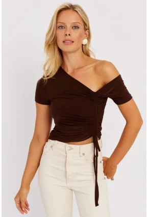 Kadın Kahverengi Asimetrik Yaka Asansörlü Bluz GÇ162