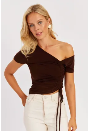 Kadın Kahverengi Asimetrik Yaka Asansörlü Bluz GÇ162