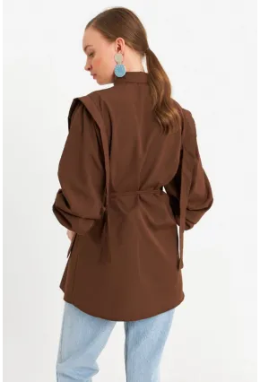 Kadın Kahverengi Bağlama Detaylı Basic Gömlek MASF185