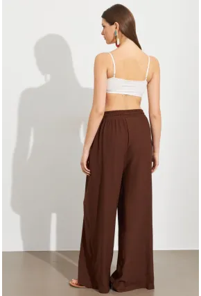 Kadın Kahverengi Beli Lastikli Bürümcük Pantolon ROP105