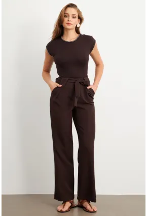 Kadın Kahverengi Beli Lastikli Kuşaklı Pantolon FLU7251