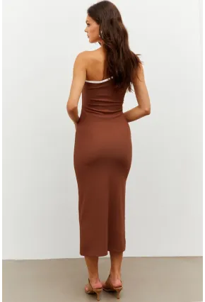 Kadın Kahverengi Biyeli Tek Omuz Yırtmaçlı Midi Elbise RMZ21041