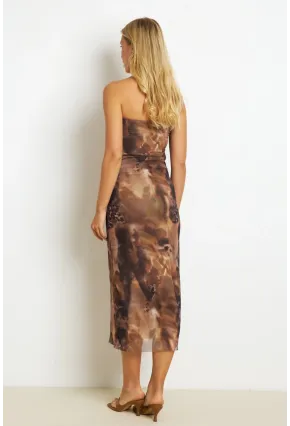 Kadın Kahverengi Büzgülü Astarlı Tül Midi Elbise YEL89