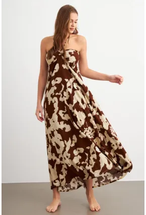 Kadın Kahverengi Büzgülü Desenli Midi Elbise KAB304