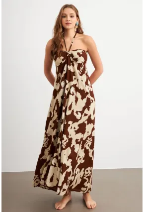 Kadın Kahverengi Büzgülü Desenli Midi Elbise KAB304