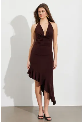 Kadın Kahverengi Degaje Asimetrik Midi Elbise İRE1436