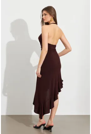 Kadın Kahverengi Degaje Asimetrik Midi Elbise İRE1436