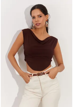 Kadın Kahverengi Degaje Yaka Yanları Büzgülü Crop Bluz B2494