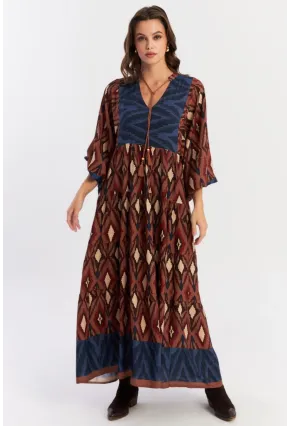 Kadın Kahverengi Desenli Dokuma Maxi Elbise ALO235