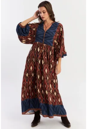 Kadın Kahverengi Desenli Dokuma Maxi Elbise ALO235