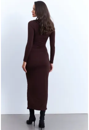 Kadın Kahverengi Drapeli Maxi Elbise LİK12