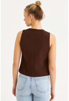 Kadın Kahverengi Düğme Detaylı Astarlı Yelek SGT410