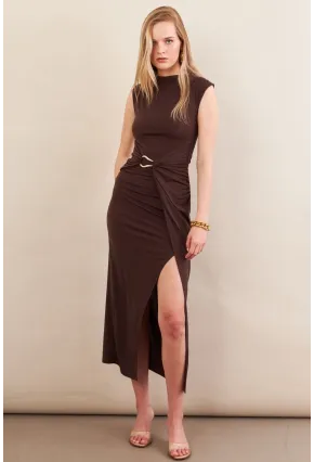 Kadın Kahverengi Eteği Kruvaze Tokalı Midi elbise KED7340