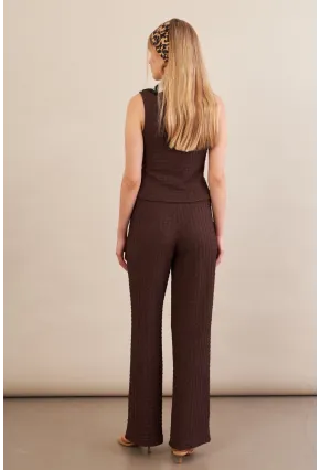 Kadın Kahverengi Gofre Yelek Pantalon Takım FLU330