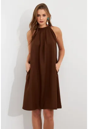 Kadın Kahverengi Halter Yaka Midi Elbise NH5029
