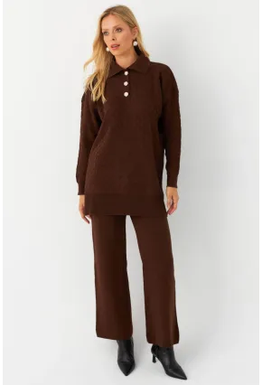 Kadın Kahverengi İnci Düğmeli Triko Alt Üst Takım MNUV33