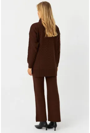Kadın Kahverengi İnci Düğmeli Triko Alt Üst Takım MNUV33