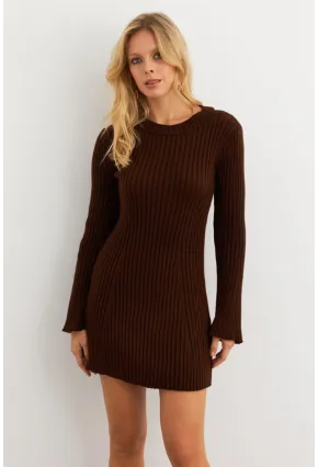 Kadın Kahverengi İspanyol Kol Triko Mini Elbise YV273