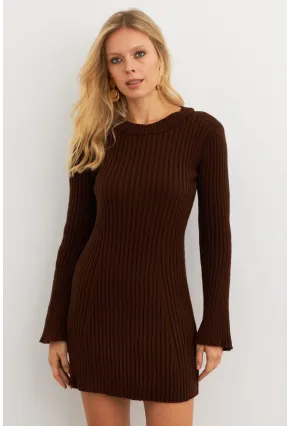 Kadın Kahverengi İspanyol Kol Triko Mini Elbise YV273
