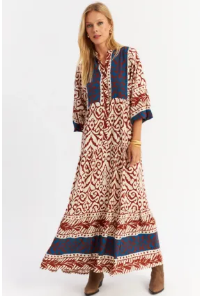 Kadın Kahverengi-Lacivert Volanlı Maxi Elbise ALO11