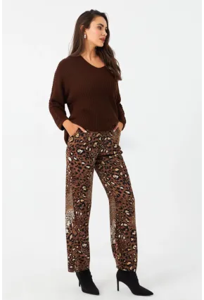 Kadın Kahverengi Leopar Desenli Saten Pantolon CAR1069