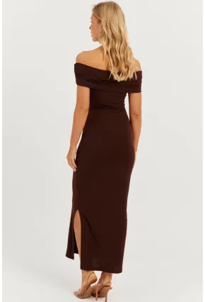 Kadın Kahverengi Madonna Yaka Midi Elbise DMR298