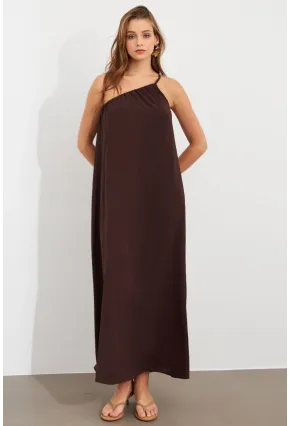 Kadın Kahverengi Tek Omuz Maxi Elbise İRE1012
