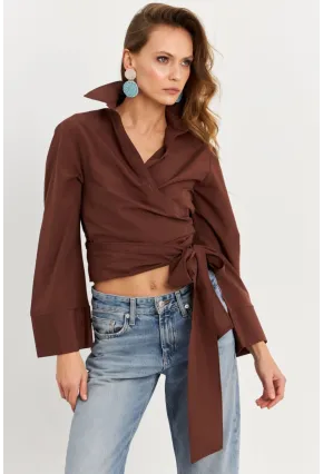Kadın Kahverengi Önü Bağlamalı İspanyol Kol Gömlek MON142