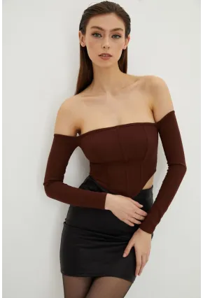 Kadın Kahverengi Sırt Fermuarlı Crop Bluz B518