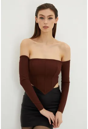 Kadın Kahverengi Sırt Fermuarlı Crop Bluz B518