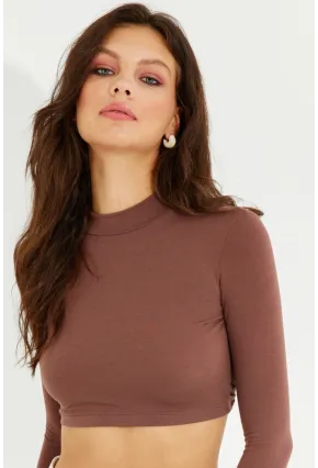 Kadın Kahverengi Sırtı Açık Crop Bluz LPP1232