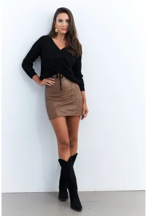 Kadın Kahverengi Suni Deri Mini Etek ELT3634