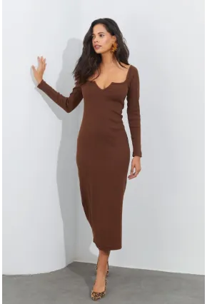 Kadın Kahverengi V Yaka Maxi Kaşkorse Elbise EY1086