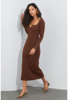 Kadın Kahverengi V Yaka Maxi Kaşkorse Elbise EY1086
