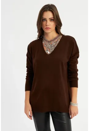 Kadın Kahverengi V Yaka Triko Bluz YİL557