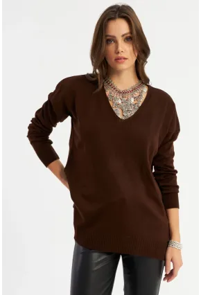 Kadın Kahverengi V Yaka Triko Bluz YİL557