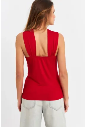 Kadın Kırmızı Aksesuarlı Çapraz Yaka Bluz EY3068
