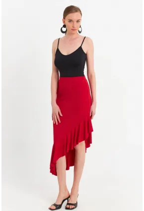 Kadın Kırmızı Asimetrik Pileli Etek EV741